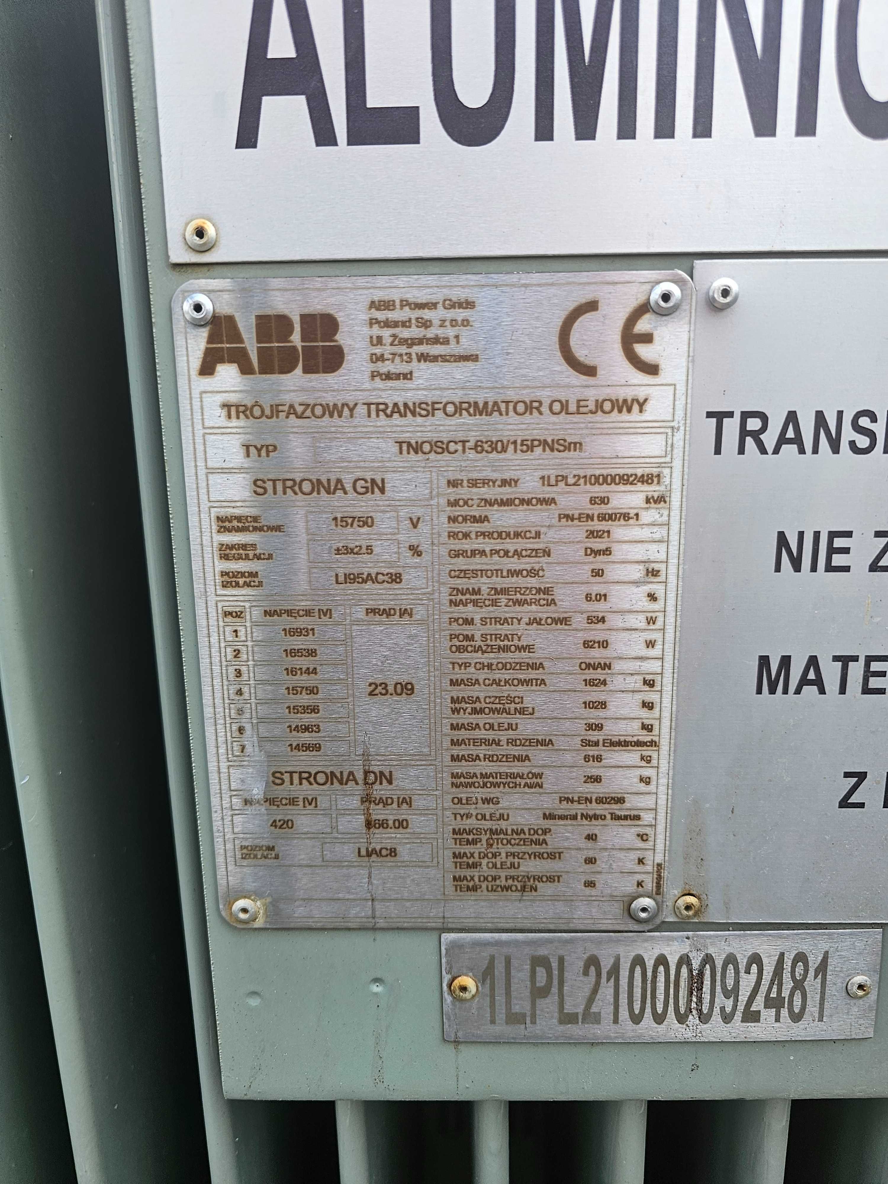 Transformator olejowy 630kVA 15.75/0.42