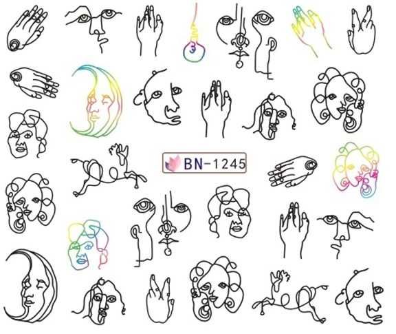 bn1245 naklejki wodne paznokcie line art twarze