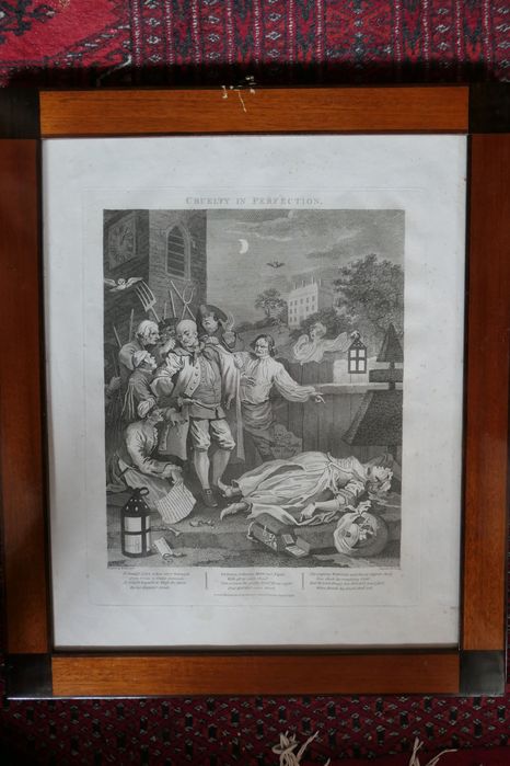 Conjunto de quatro ilustrações (1799) emolduradas de Hogarth.
