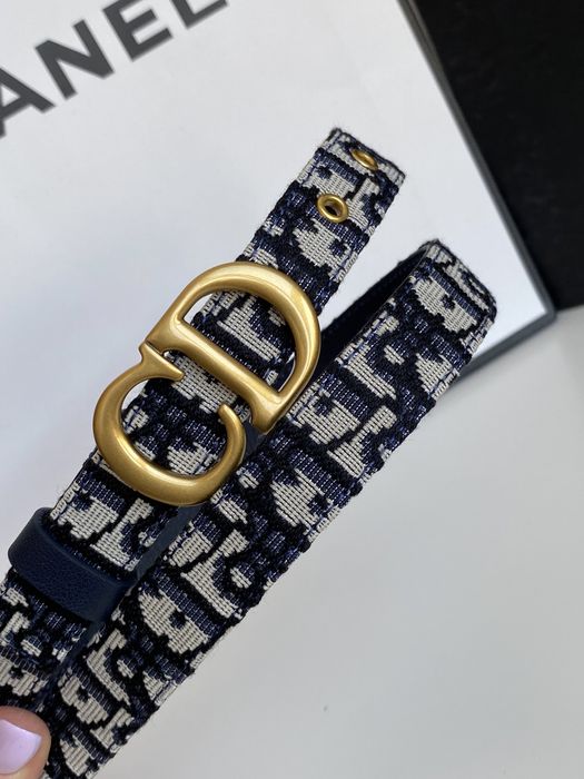-% Christian Dior cienki pasek granatowy monogramy złota klamra