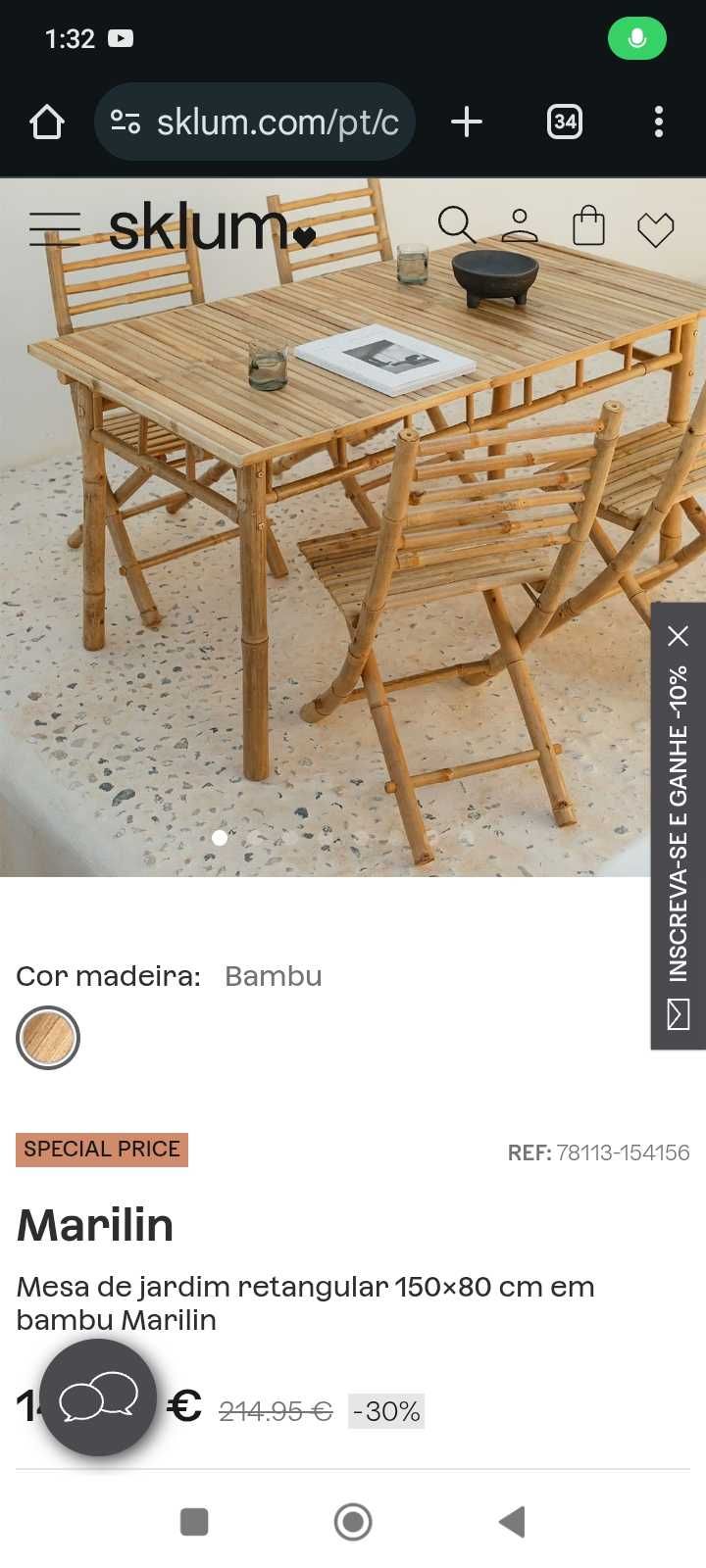 Mesa de jantar em bambu e 4 cadeiras (Sklum)