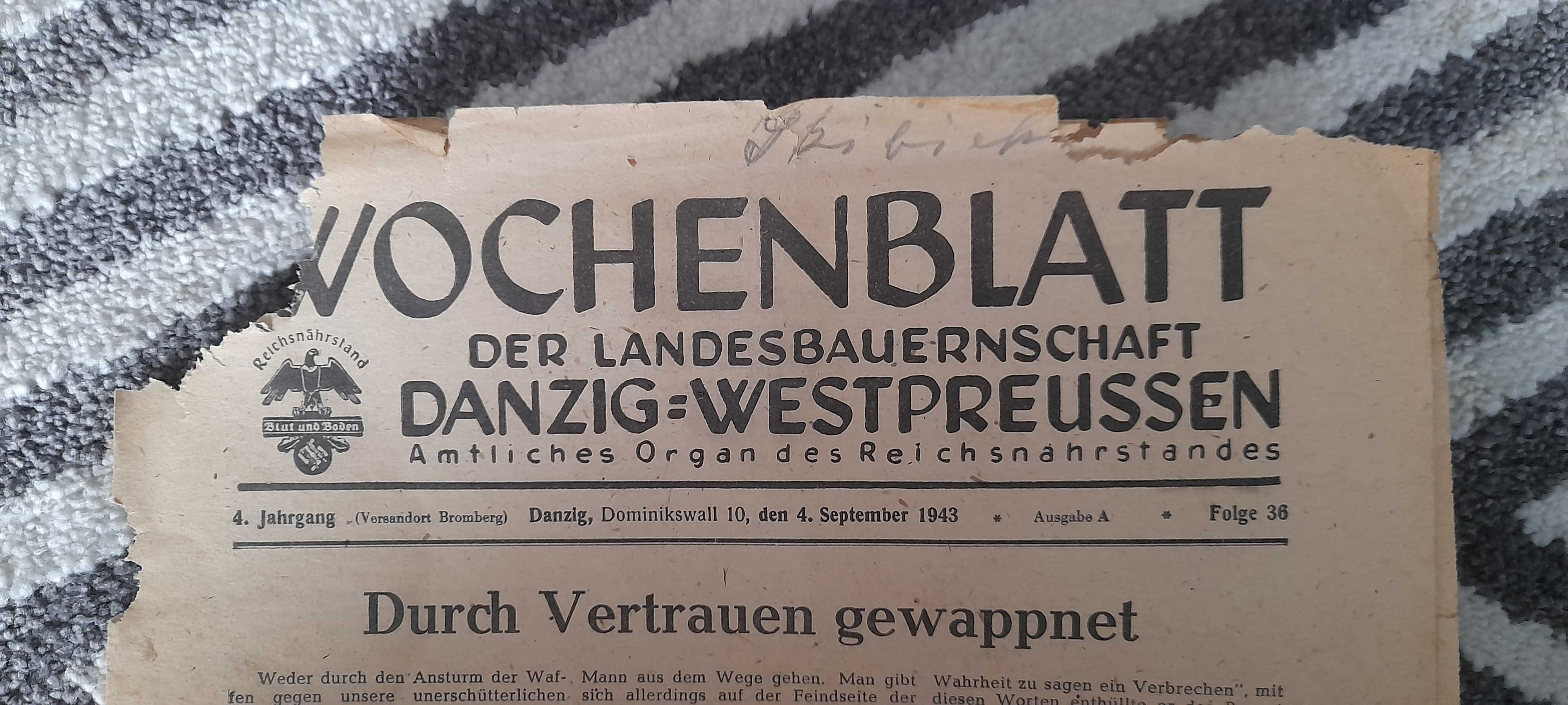 Niemcy faszystowska gazeta II WS, III rzesza 1943r Wochenblantt Danzig