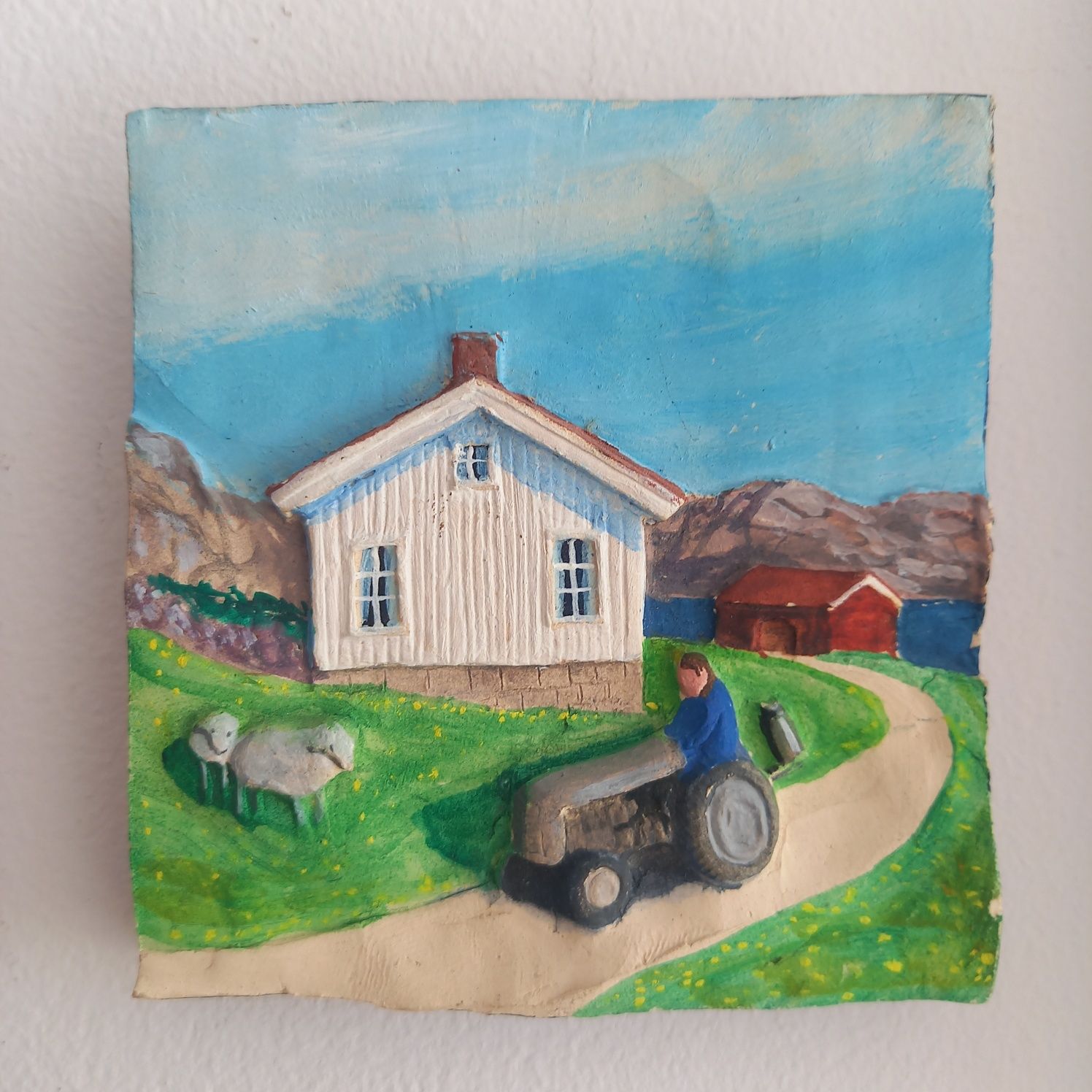 Piękna płaskorzeźba obrazek handmade ceramiczny kafel dom pejzaż wieś