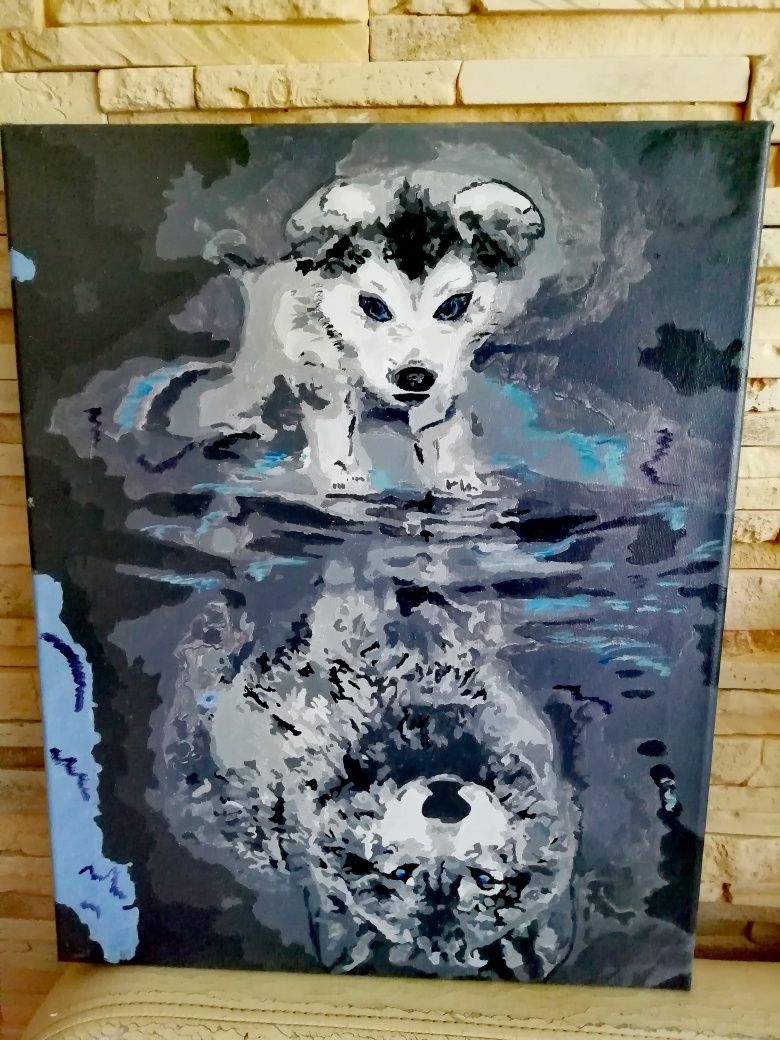 Картина нарисованная "Волк и отражение души"