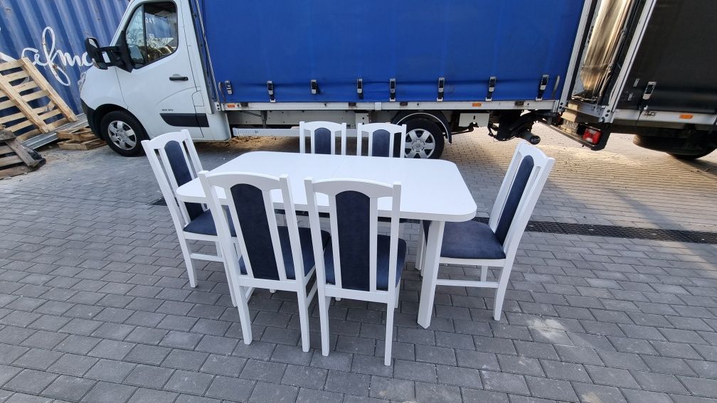Stół 80x140/180 + 6 krzeseł, biały+metaliczny granatowy, dostawa PL