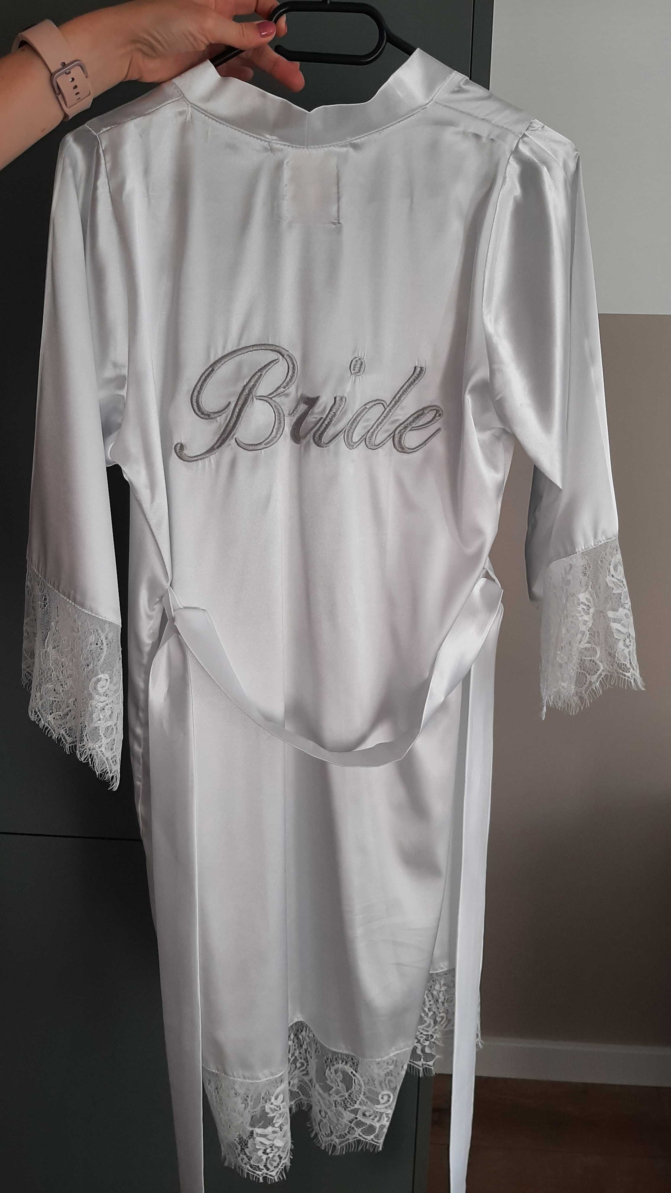 Szlafrok ślubny z koronką Bride srebrny