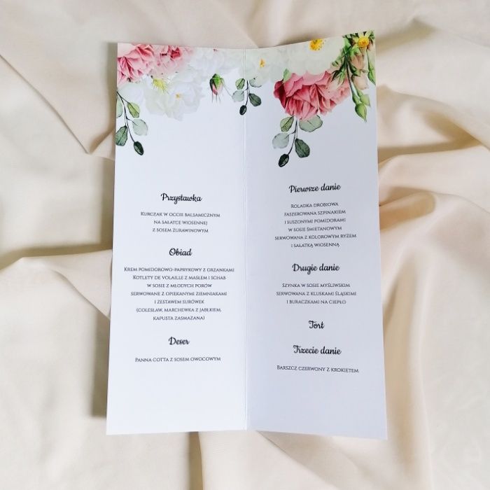 Menu weselne w stylu GLAMOUR róż i biel