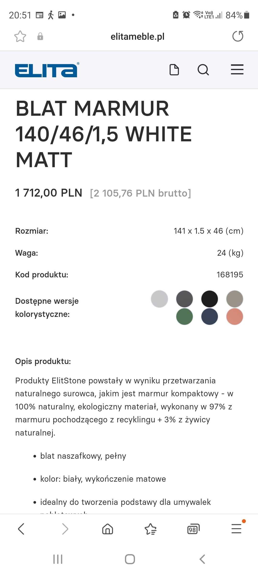 Blat Marmur Elita czarny Mat 140×46