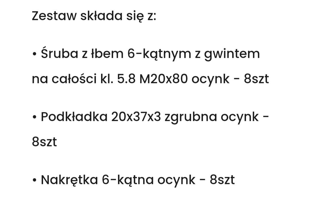 Śruby z łbem 6-kątnym kl. 5.8 M20x80 z podkładką i nakrętka 48 szt