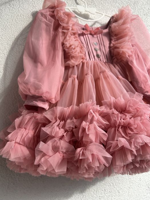 Sukienka princessa bajkowa tutu długi rękaw pudrowy róz rozkloszowana