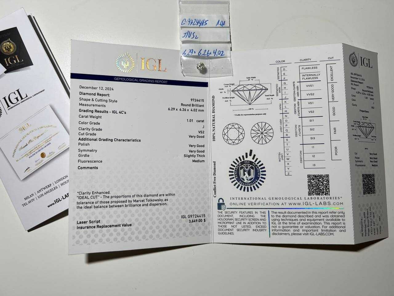 Diament brylant naturalny o wadze 1.01 ct, koloru J i czystości VS2