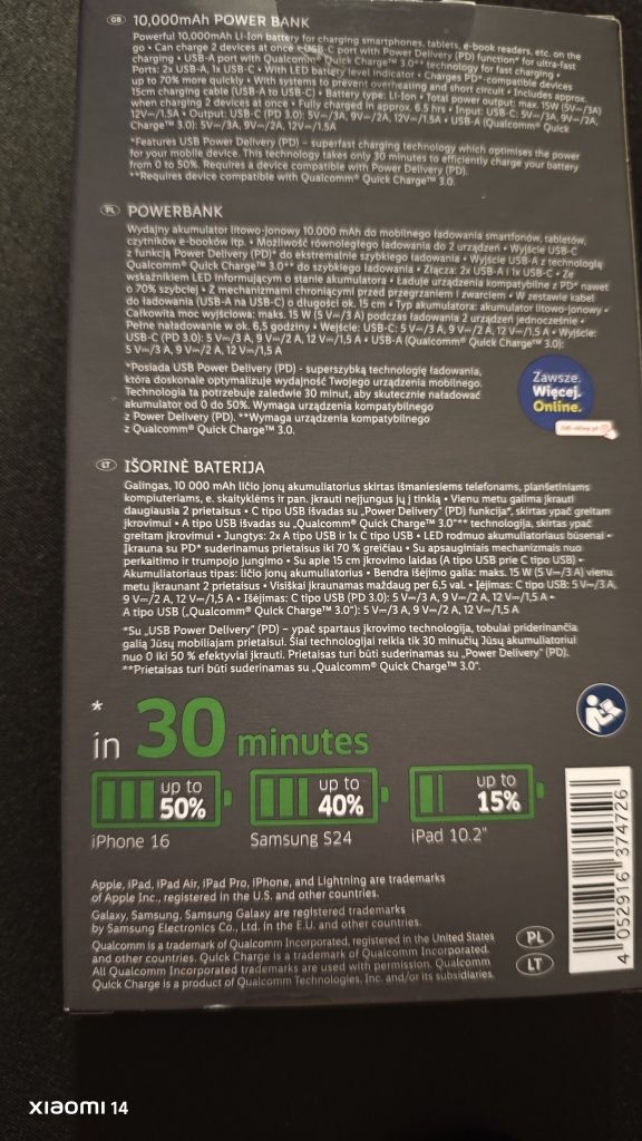 Powerbank Tronic®  poj. 10000 mAh. 2 wejścia, Qualcomm®, mocny akumul.