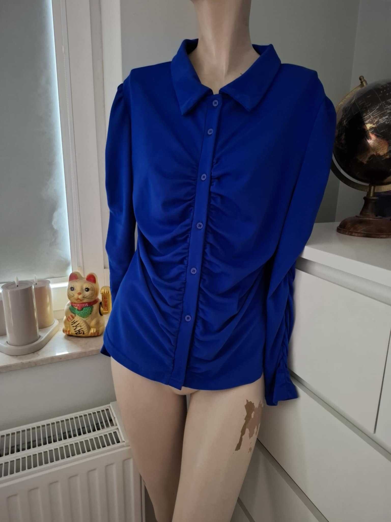 XL 42 niebieska chabrowa kobaltowa koszula drapowana marszczona retro