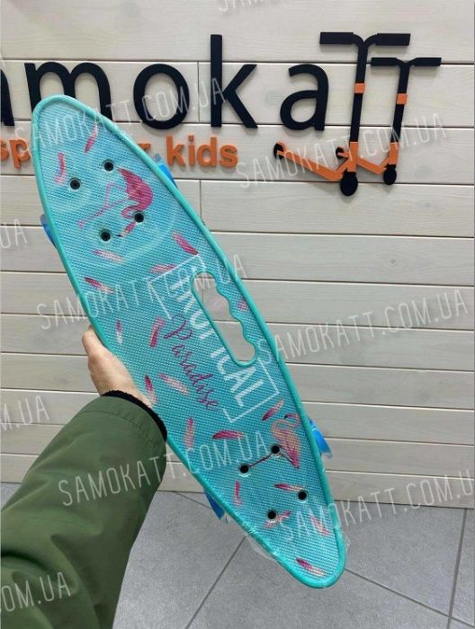 Скейт Penny Board  c ручкой и светящимися колесами Cool скейт фламинго