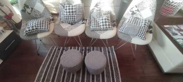 Krzesła patchwork, gratis poduszki, dywanik i stołeczki