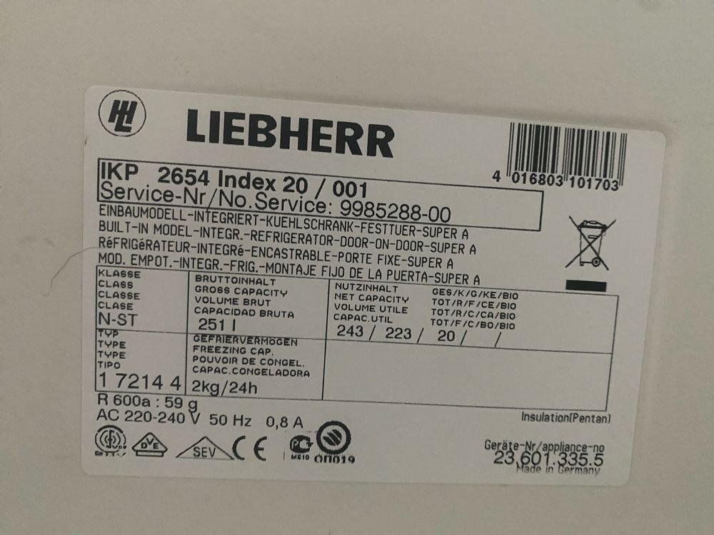 Lodowka do zabudowy LIEBHERR