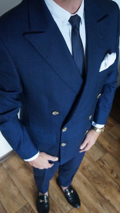 Garnitur Dwurzędowy Nowy Lavard Roz. 46 Kol. Granat Krata Fit