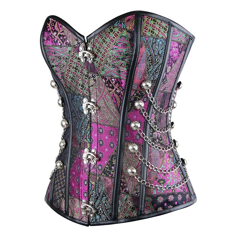 Damski wzorzysty gorset zdobiony łańcuszkami ze stringami 2XL/3XL