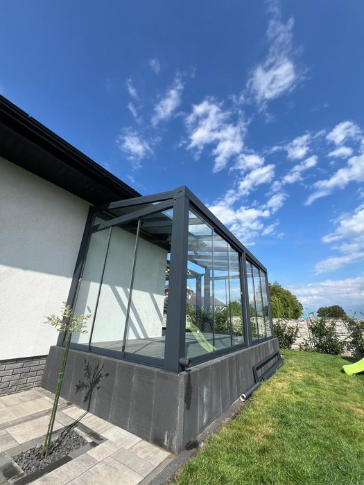 Ogród zimowy, zabudowy szklane , system przesuwny