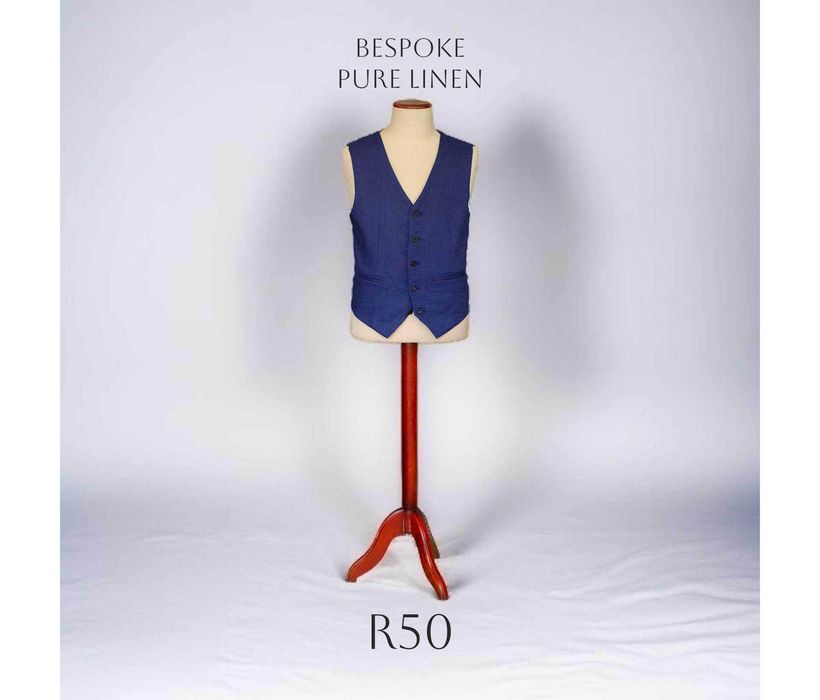 Kamizelka szyta na miarę, bespoke, 100% len, pełna, r48-50, niebieska