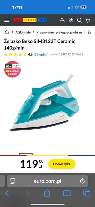 Żelazko Beko SIM3122T Ceramic 140g/min