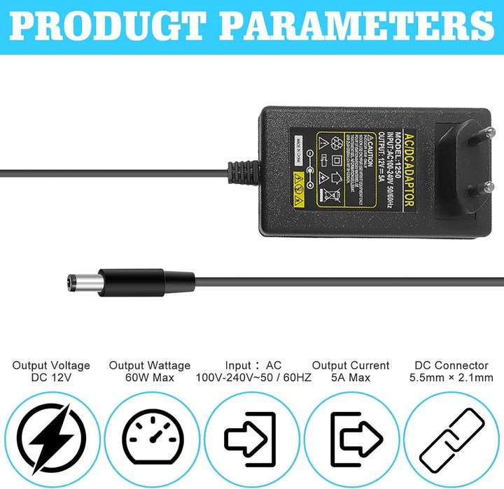 Ładowarka Zasilacz Uniwersalny 12V 5A 60W DC wtyczka EU + przejściówka