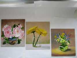 trzy obrazki olejne w komplecie  Kwiaty