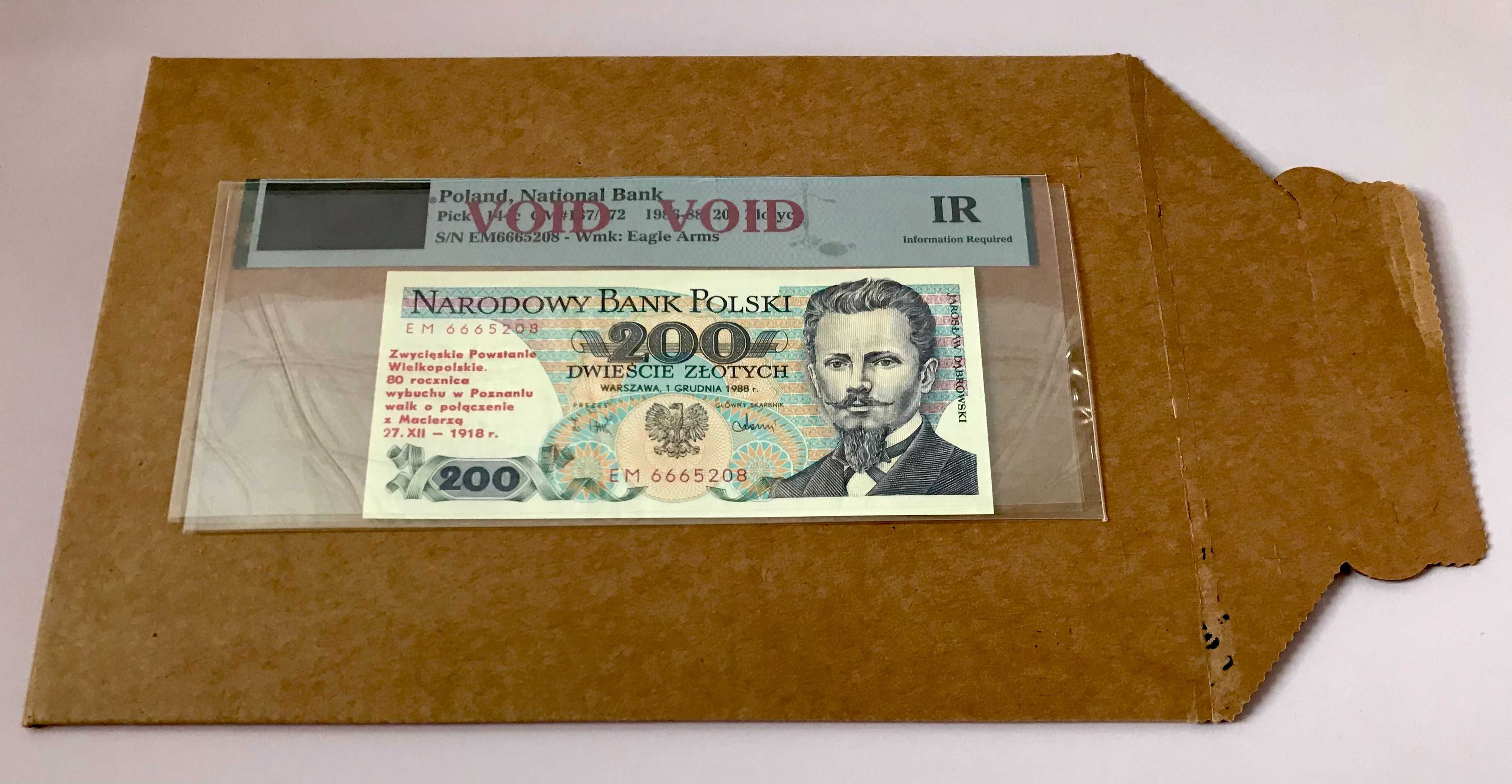 Banknot 200 zł z nadrukiem Powstanie Wielkop. 1988 rok, PMG VOID - UNC