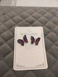 Nowe kolczyki stal nierdzewna motylki fioletowe kryształki