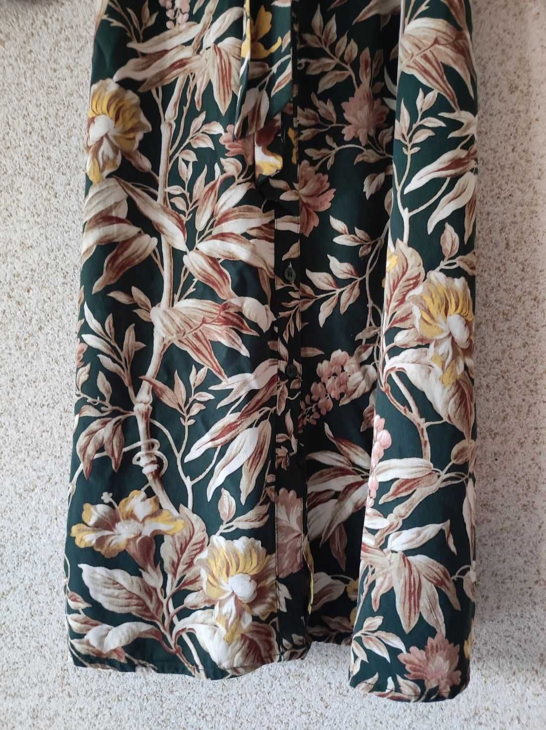 H&M długa midi sukienka zapinana w kwiaty szmizjerka złote liście