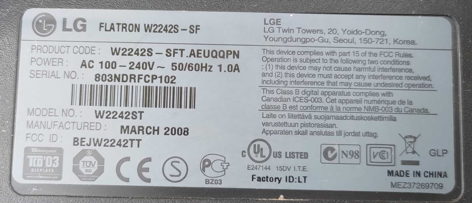 Monitor LCD LG Flatron W2242S - SF