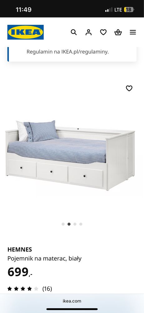 Łóżko ikea hemnes z pojemnikiem na materac