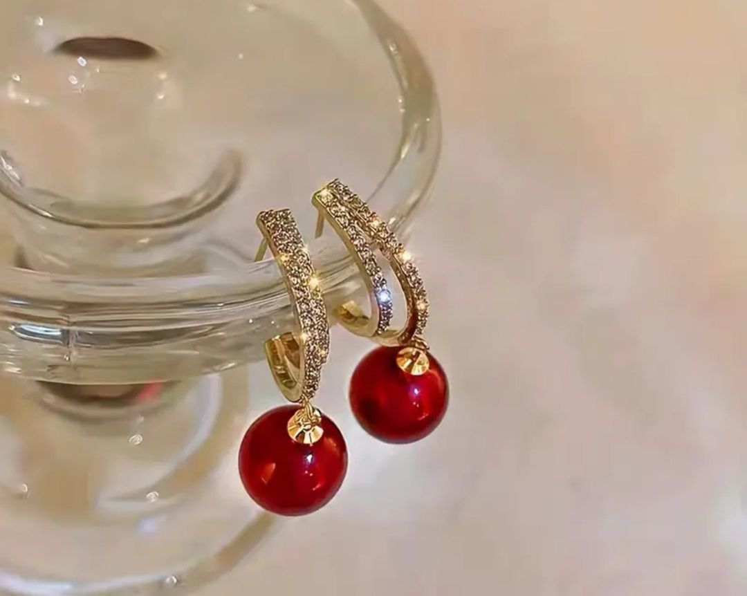 Kolczyki złote z cyrkoniami czerwona perła