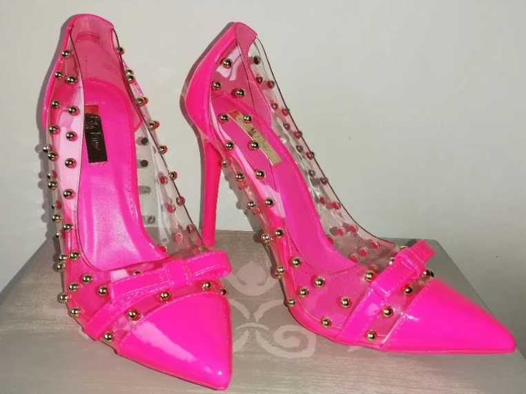 szpilki różowe, transparentne ze złotymi perełkami, r. 36 NOWE