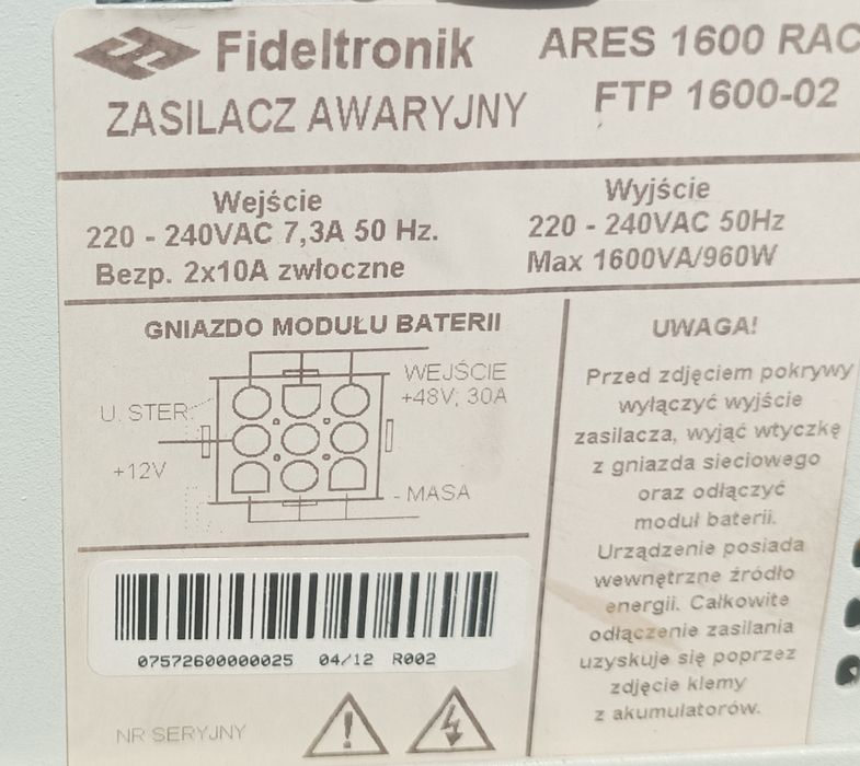 UPS Fideltronik Ares 1600 Rack zasilacz awaryjny