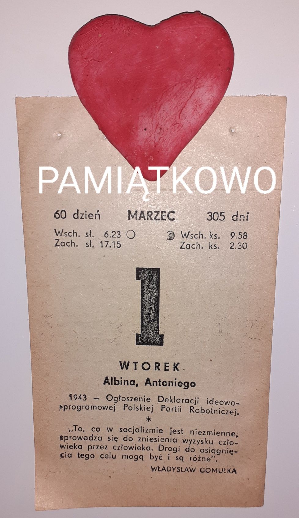 Pamiatka Kartka z kalendarza 1966