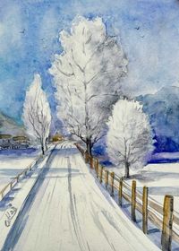 Pintura a aguarela com moldura, Inverno /framed art painting, Winter