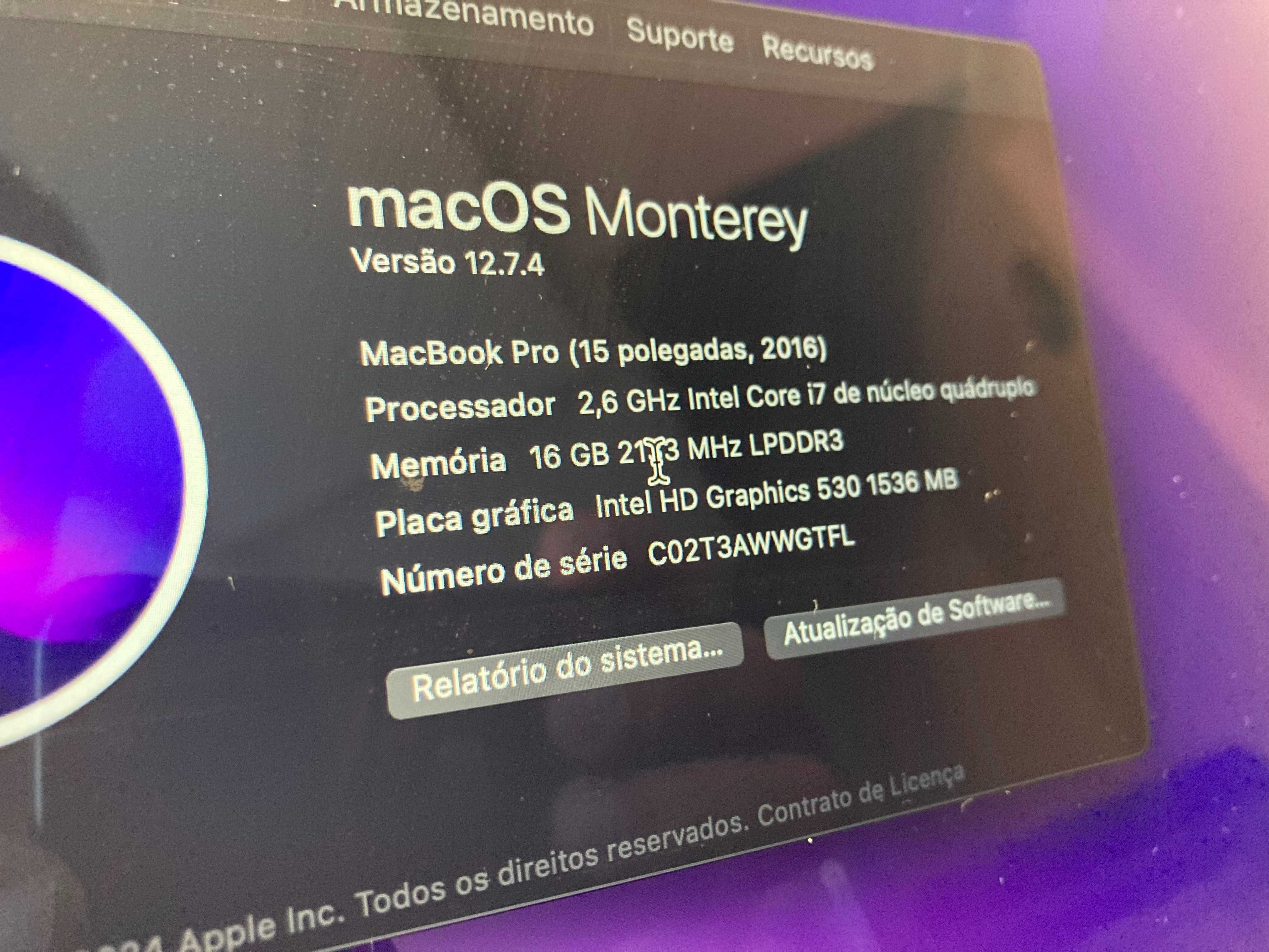 Macbook Pro Touchbar 15' 2016 - i7 2.6Ghz / SSD 256Gb / 16Gb Ram