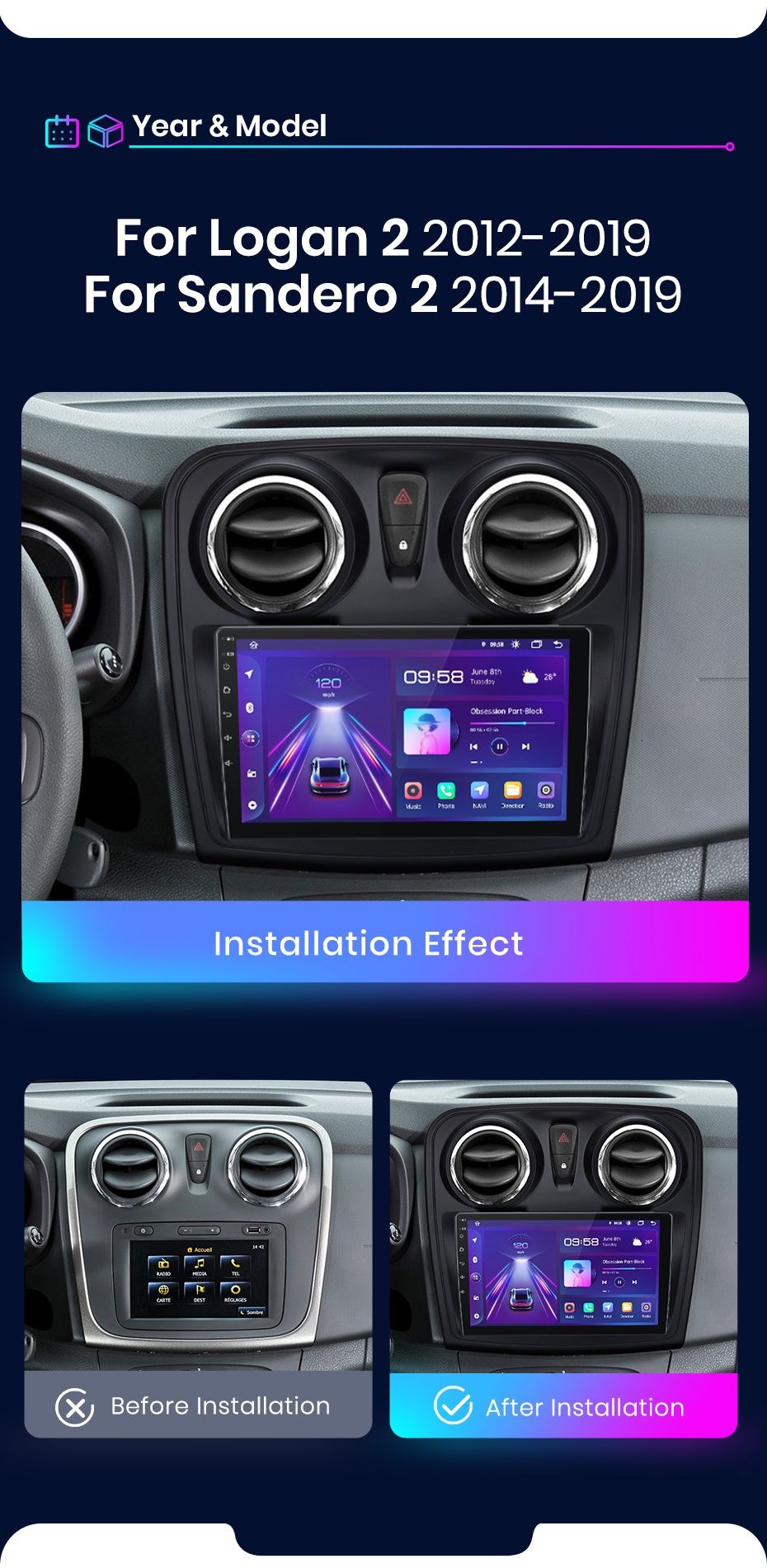 Rádio 9" Dacia Sandero e Logan 2012-19 android CARPLAY WIFI GPS Novo