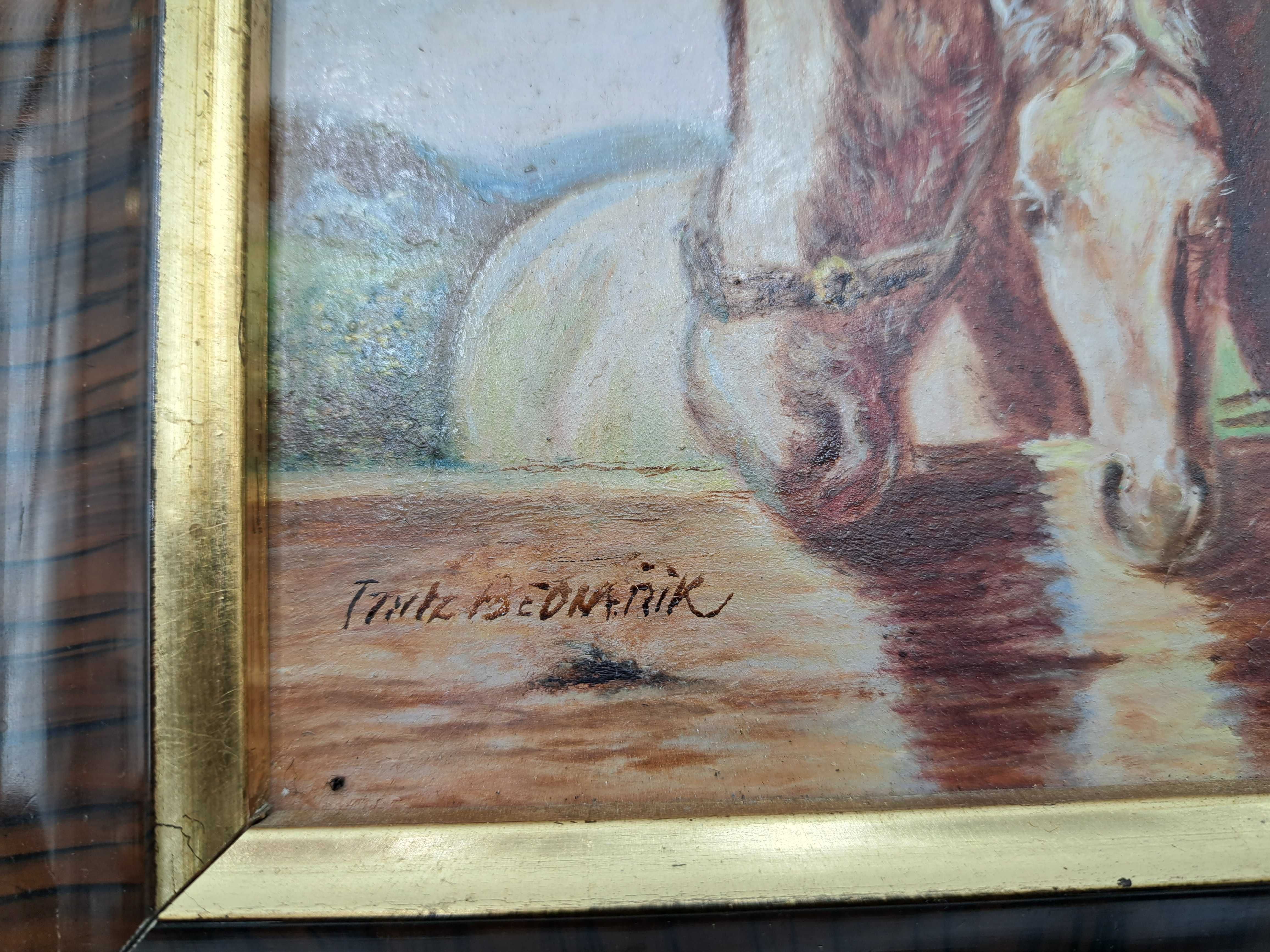 Obraz olejny na płycie konie u wodopoju Fritz Bednarik brązowa rama