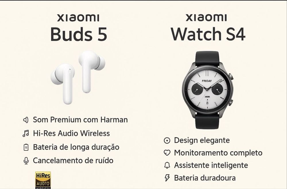 Conjunto Xiaomi – Buds 5 + Watch S4 (Novos e Selados)