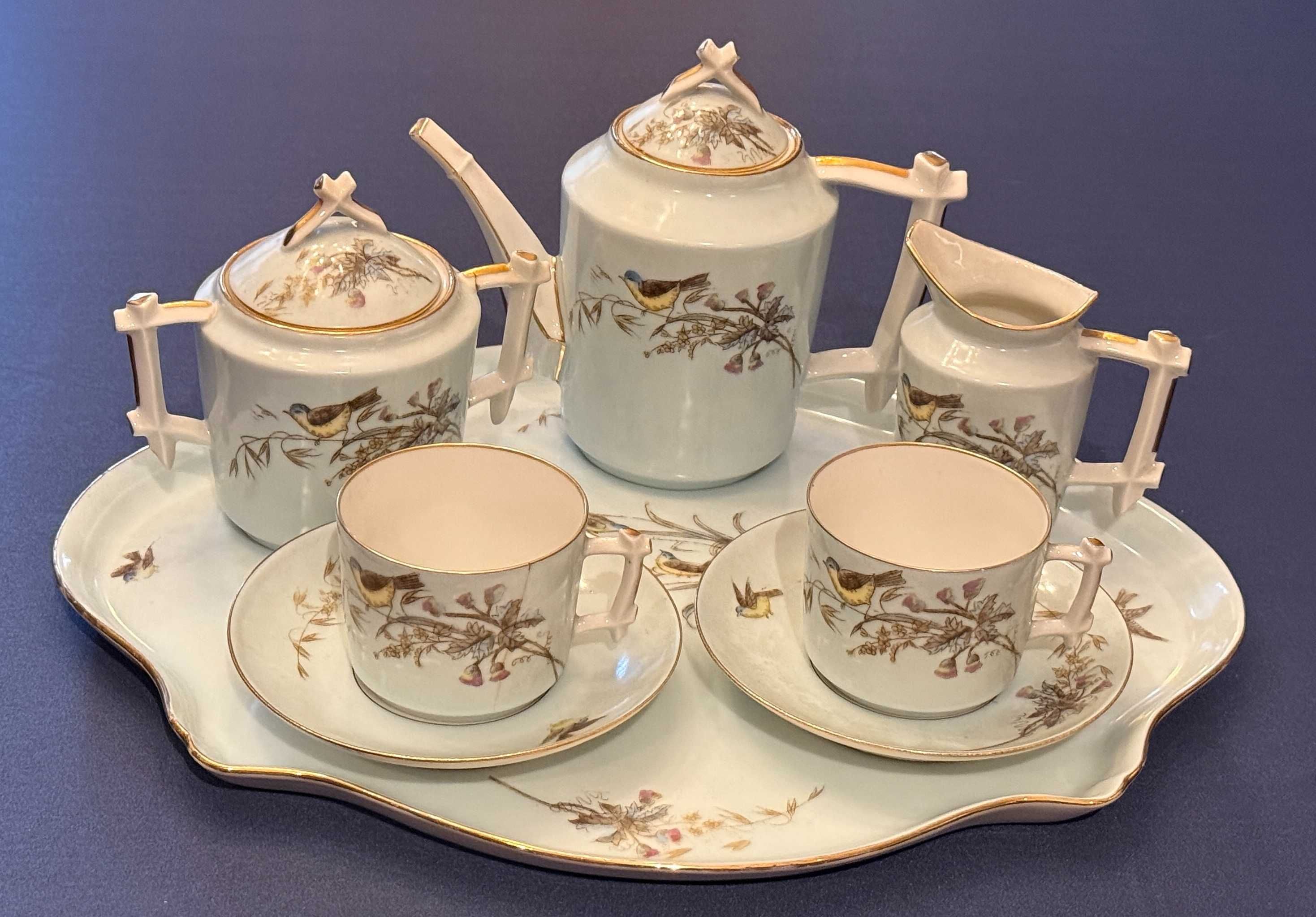 Antique Porcelain Tea Set with Bird Motif and Bamboo Handles