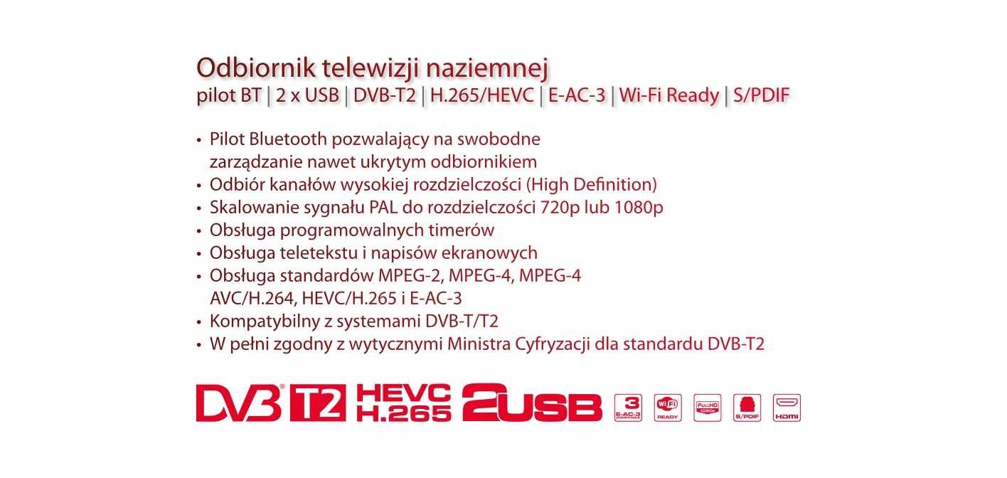 Tuner DVB-T2 Ferguson T75 dekoder H.265 HEVC WiFi