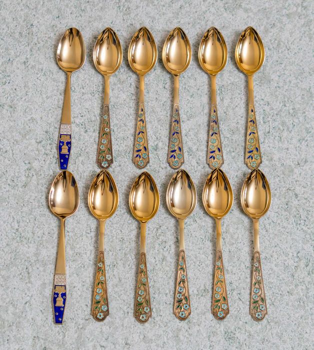 Ложка чайная • Серебро 875 • Позолота • Эмаль • Новые