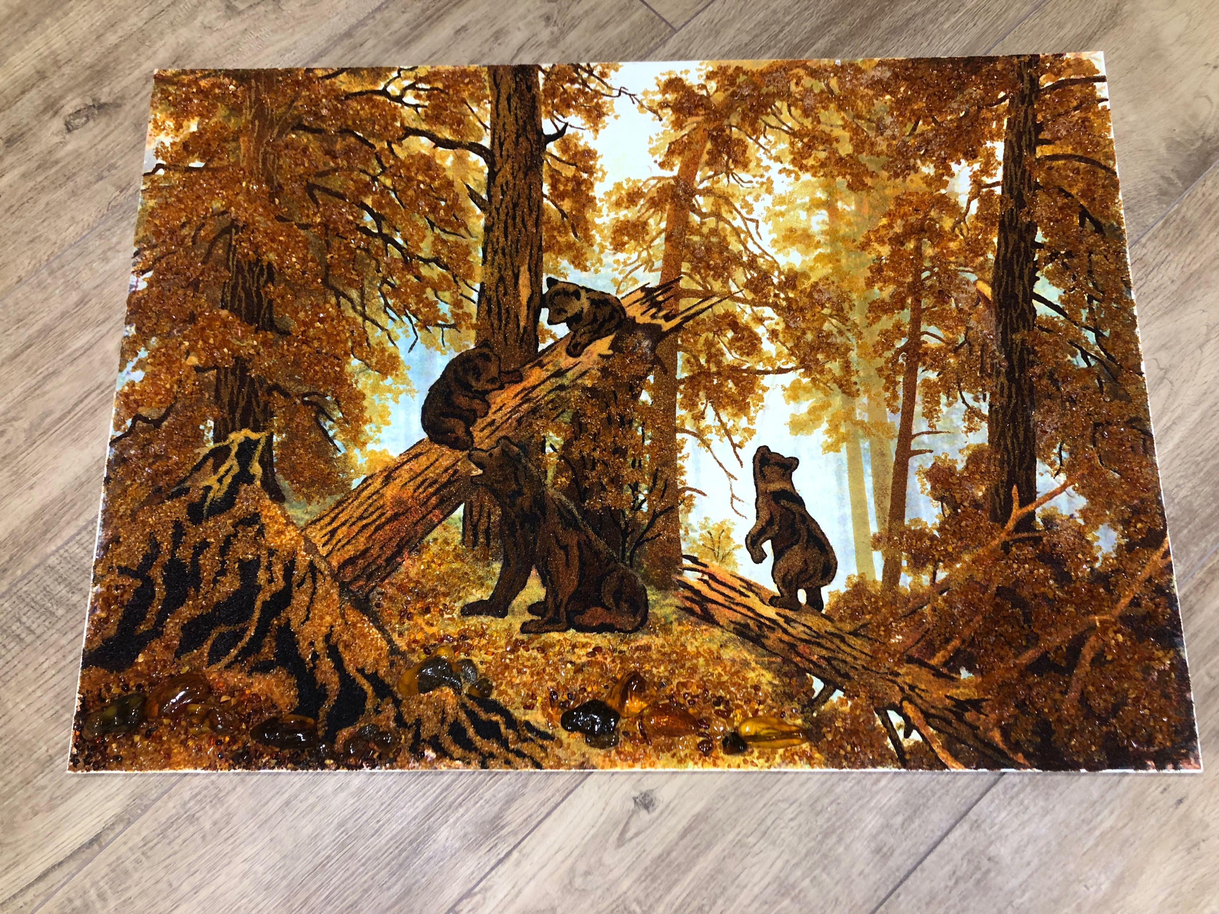 Картина «Утро в сосновом лесу», Иван Шишкин, отборный янтарь, 60x80 см