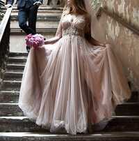 Piękna Suknia ślubna Pudrowy róż  beżowa z kryształkami XS