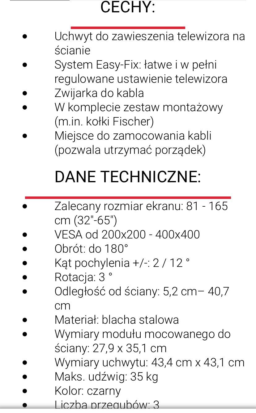 Uchwyt do zawieszenia na ścianie telewizora