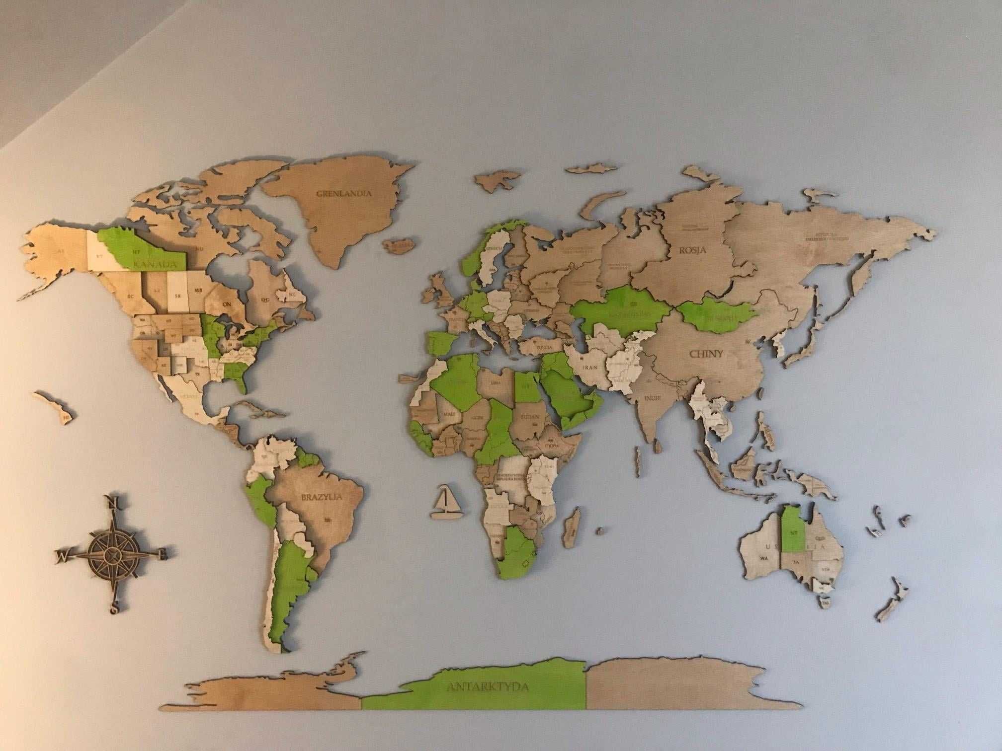 Drewniana Mapa Świata 3D 276x165cm, 3 kolory, pomysł na prezent