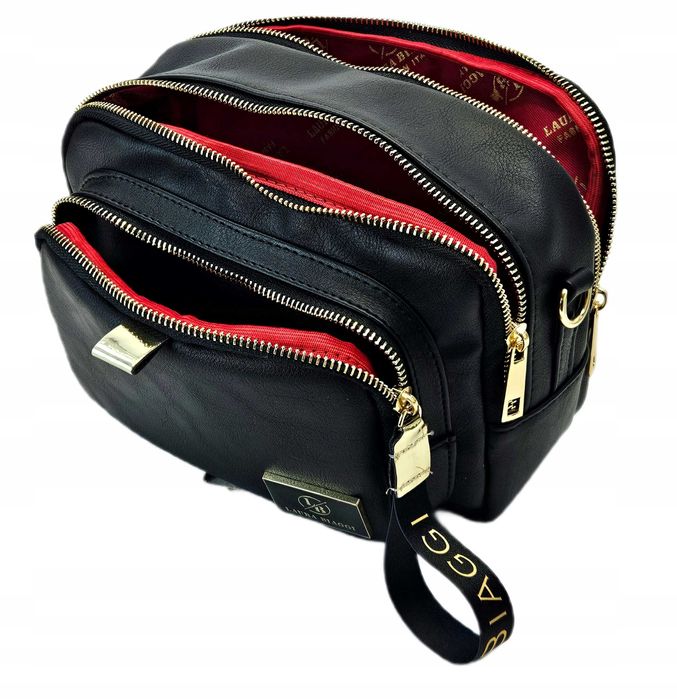 Trzykomorowa torebka listonoszka Laura Biaggi czarna skórzana logo