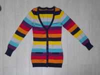 Przyjemny tęczowy sweter kardigan paski AJC 32/34 36 obwód pach +90cm
